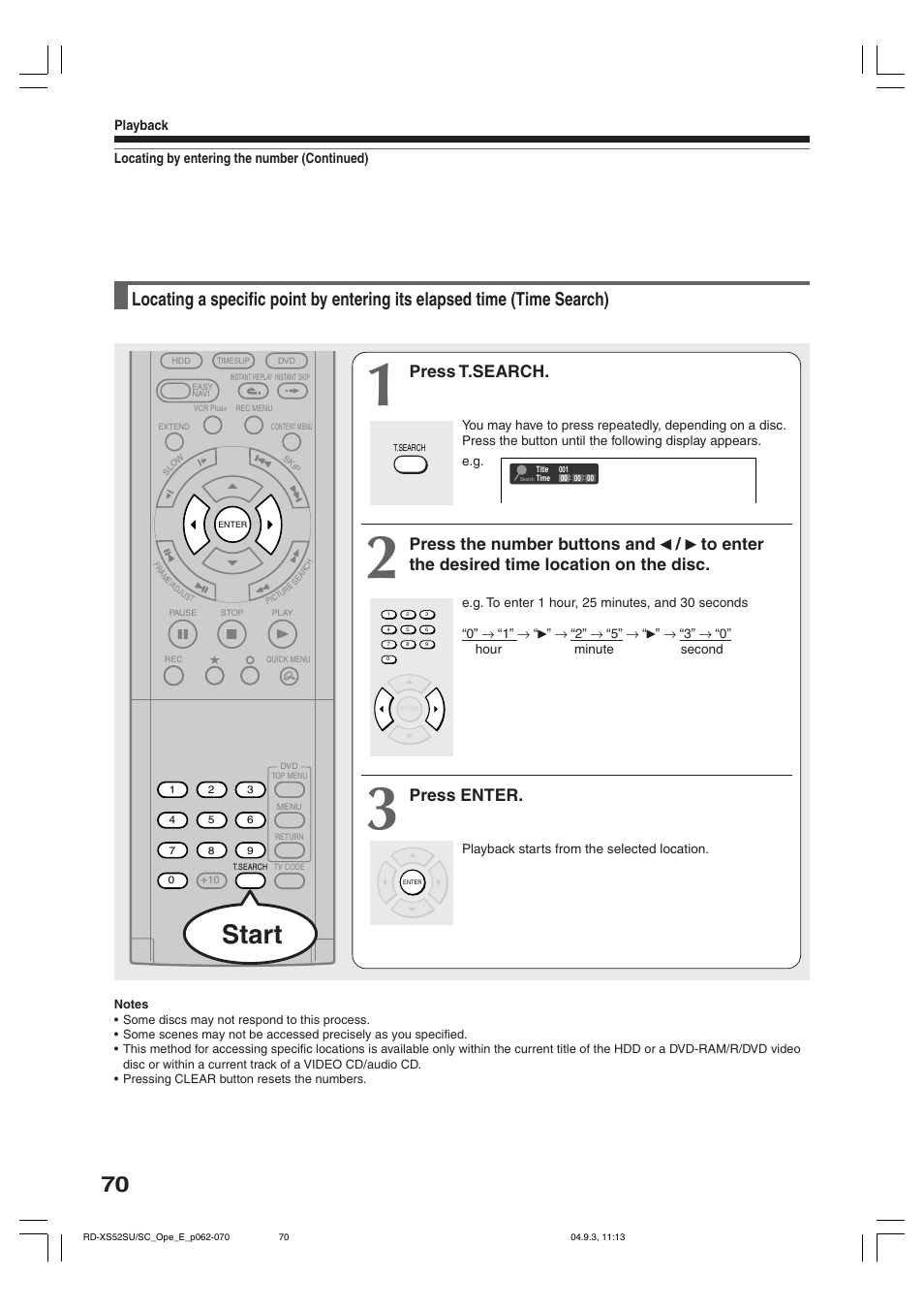 Start, Press t.search, Press enter | Toshiba RD-XS52SC User Manual | Page 70 / 179