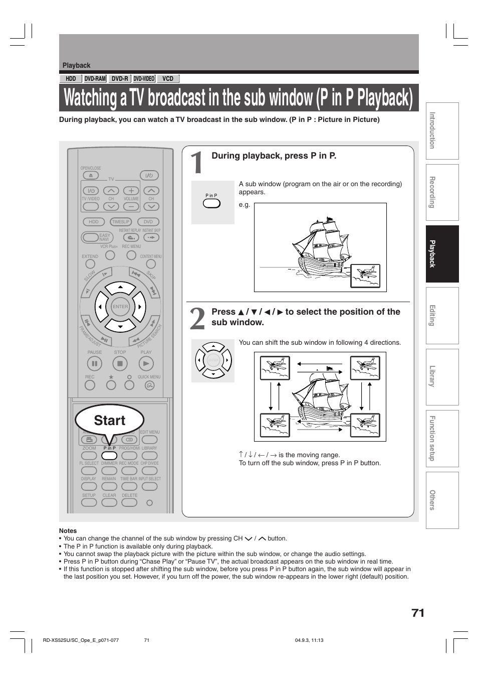 Start, During playback, press p in p | Toshiba RD-XS52SC User Manual | Page 71 / 179