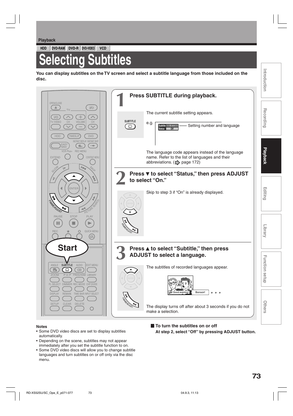 Selecting subtitles, Start, Press subtitle during playback | Toshiba RD-XS52SC User Manual | Page 73 / 179