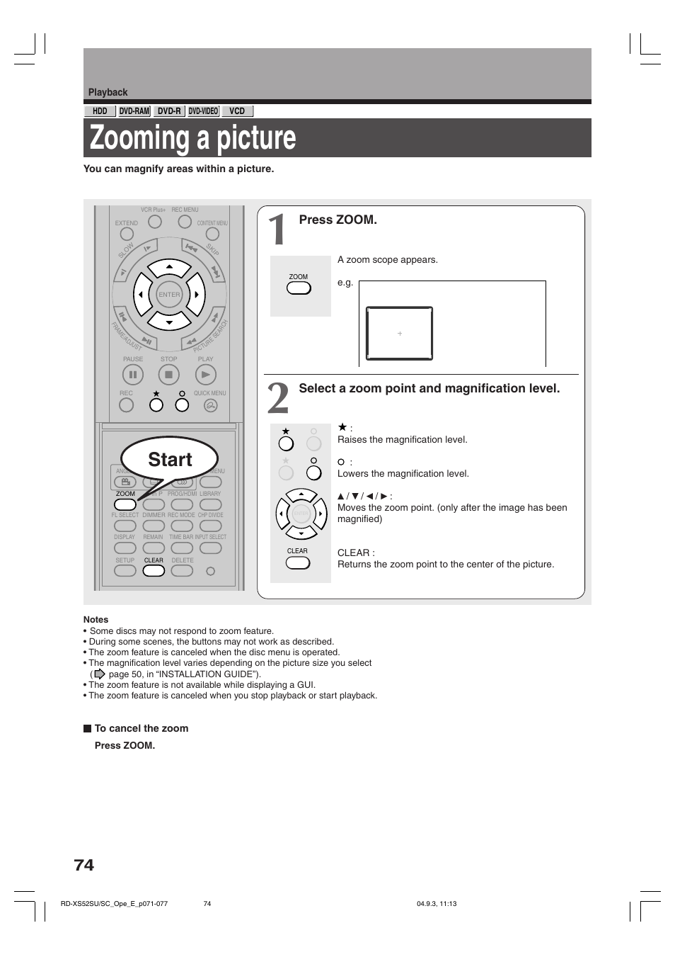 Zooming a picture, Start, Press zoom | Select a zoom point and magnification level | Toshiba RD-XS52SC User Manual | Page 74 / 179
