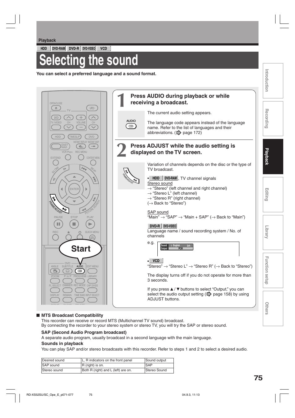 Selecting the sound, Start | Toshiba RD-XS52SC User Manual | Page 75 / 179