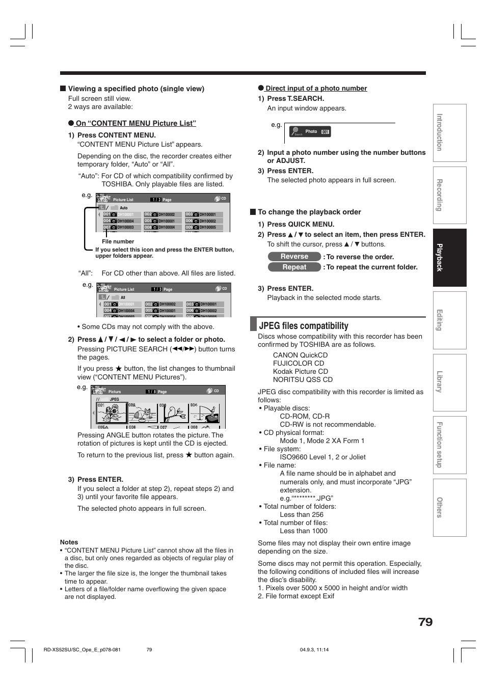 Jpeg files compatibility, On “content menu picture list, Reverse | Repeat | Toshiba RD-XS52SC User Manual | Page 79 / 179