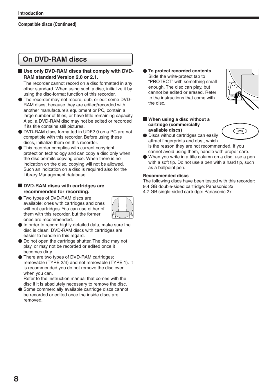 On dvd-ram discs | Toshiba RD-XS52SC User Manual | Page 8 / 179