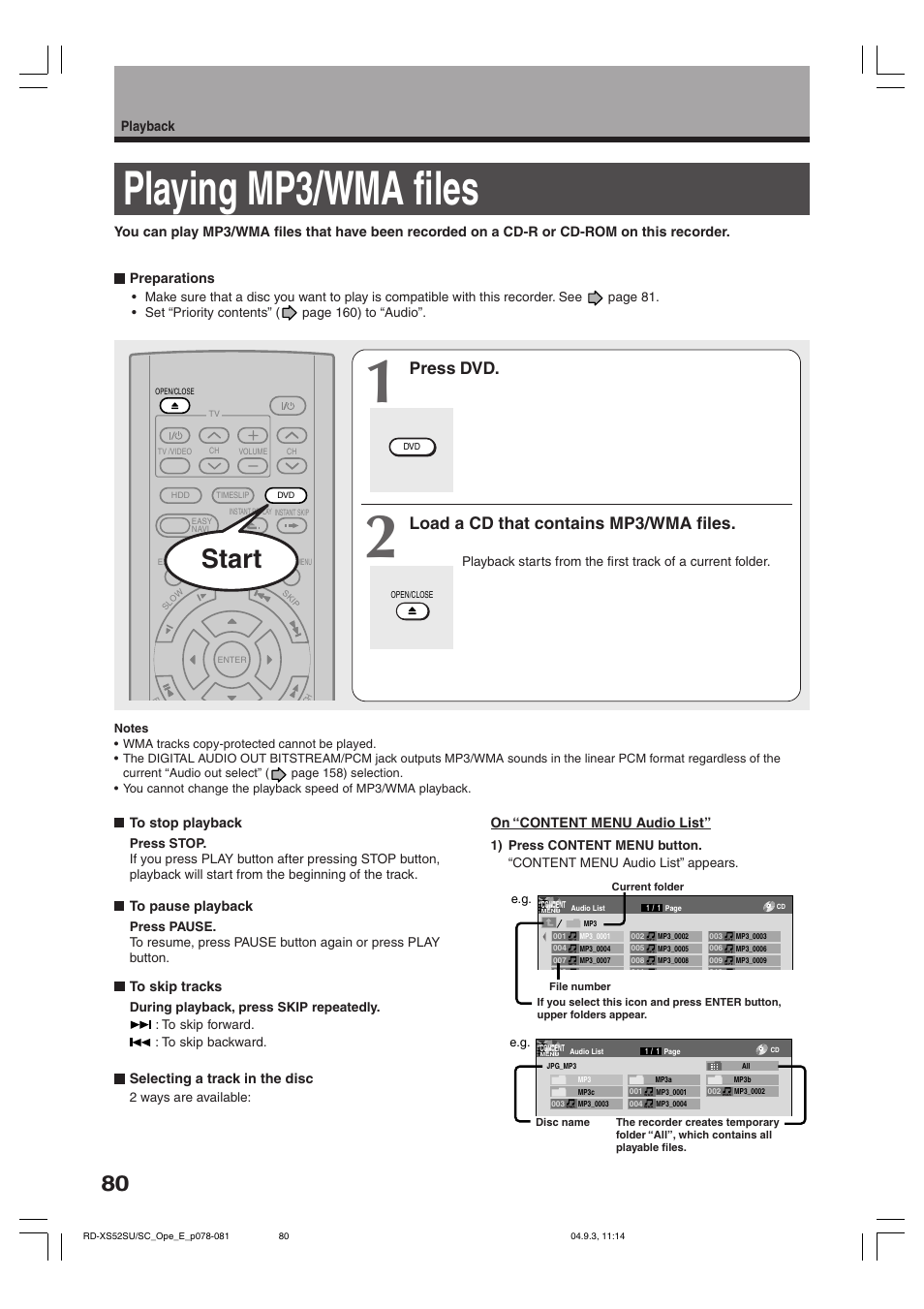 Playing mp3/wma files, Start, Press dvd | Load a cd that contains mp3/wma files | Toshiba RD-XS52SC User Manual | Page 80 / 179