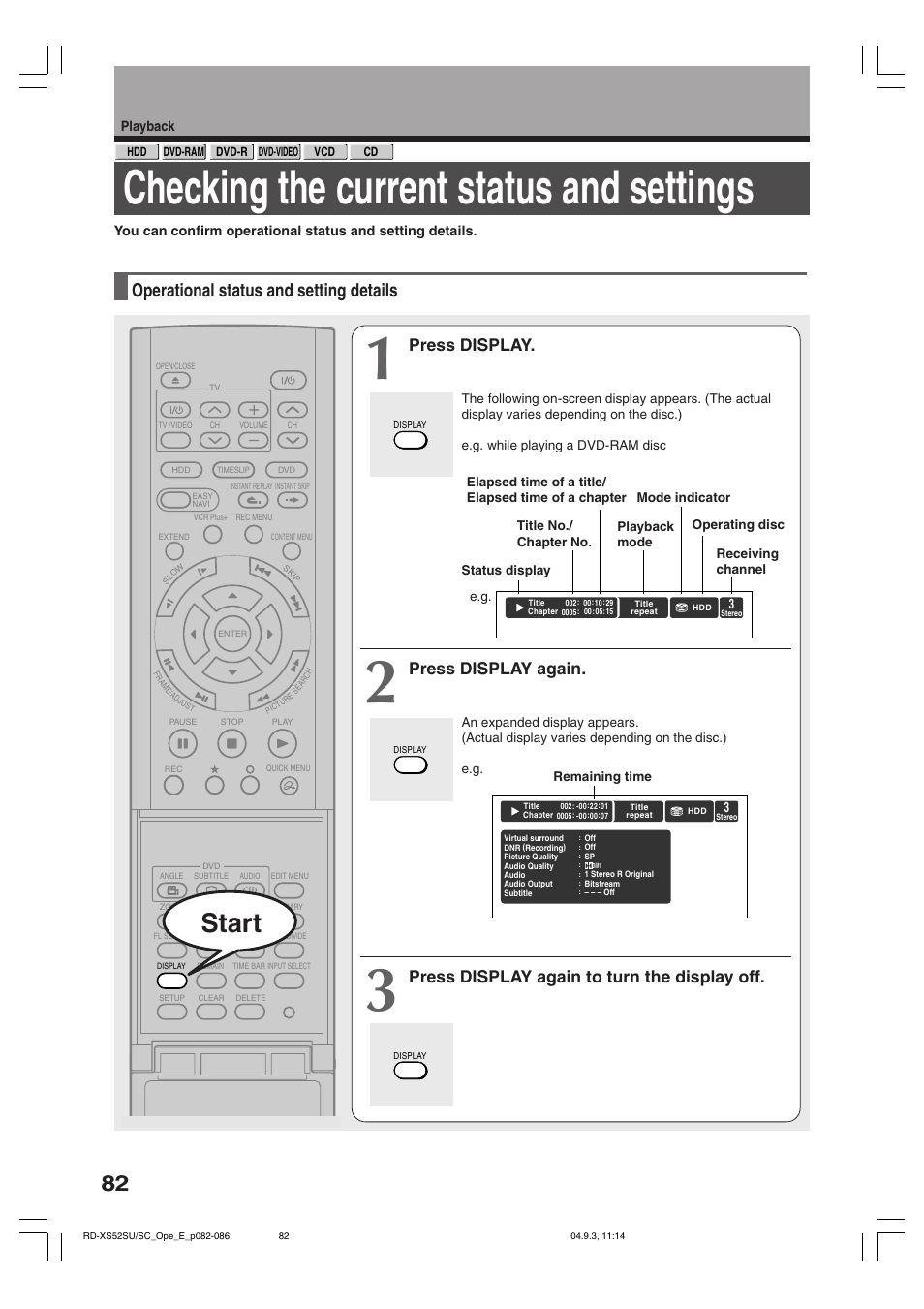 Checking the current status and settings, Start, Operational status and setting details | Press display, Press display again, Press display again to turn the display off | Toshiba RD-XS52SC User Manual | Page 82 / 179