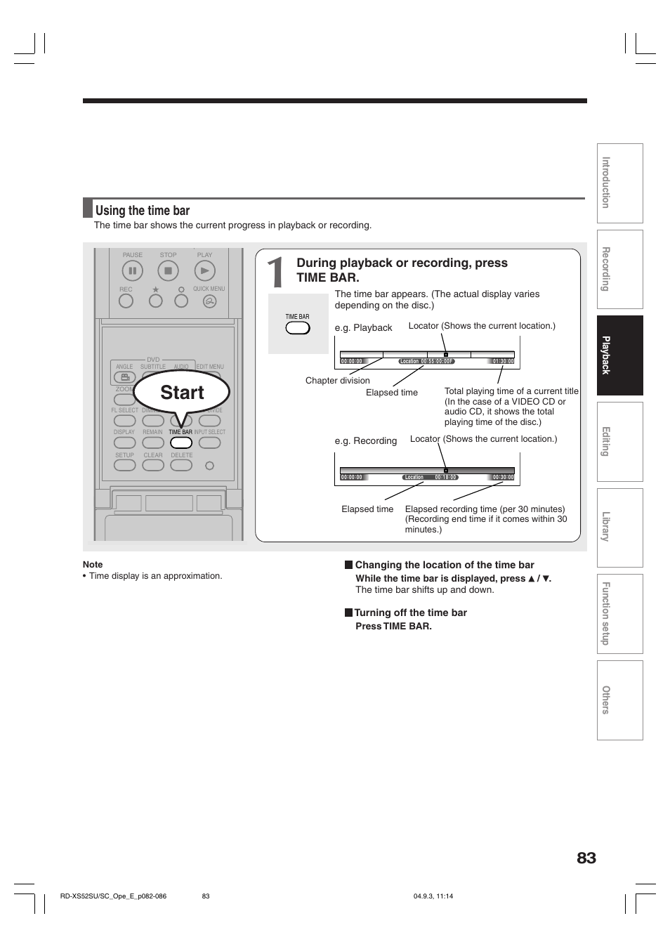 Start, Using the time bar, During playback or recording, press time bar | Toshiba RD-XS52SC User Manual | Page 83 / 179