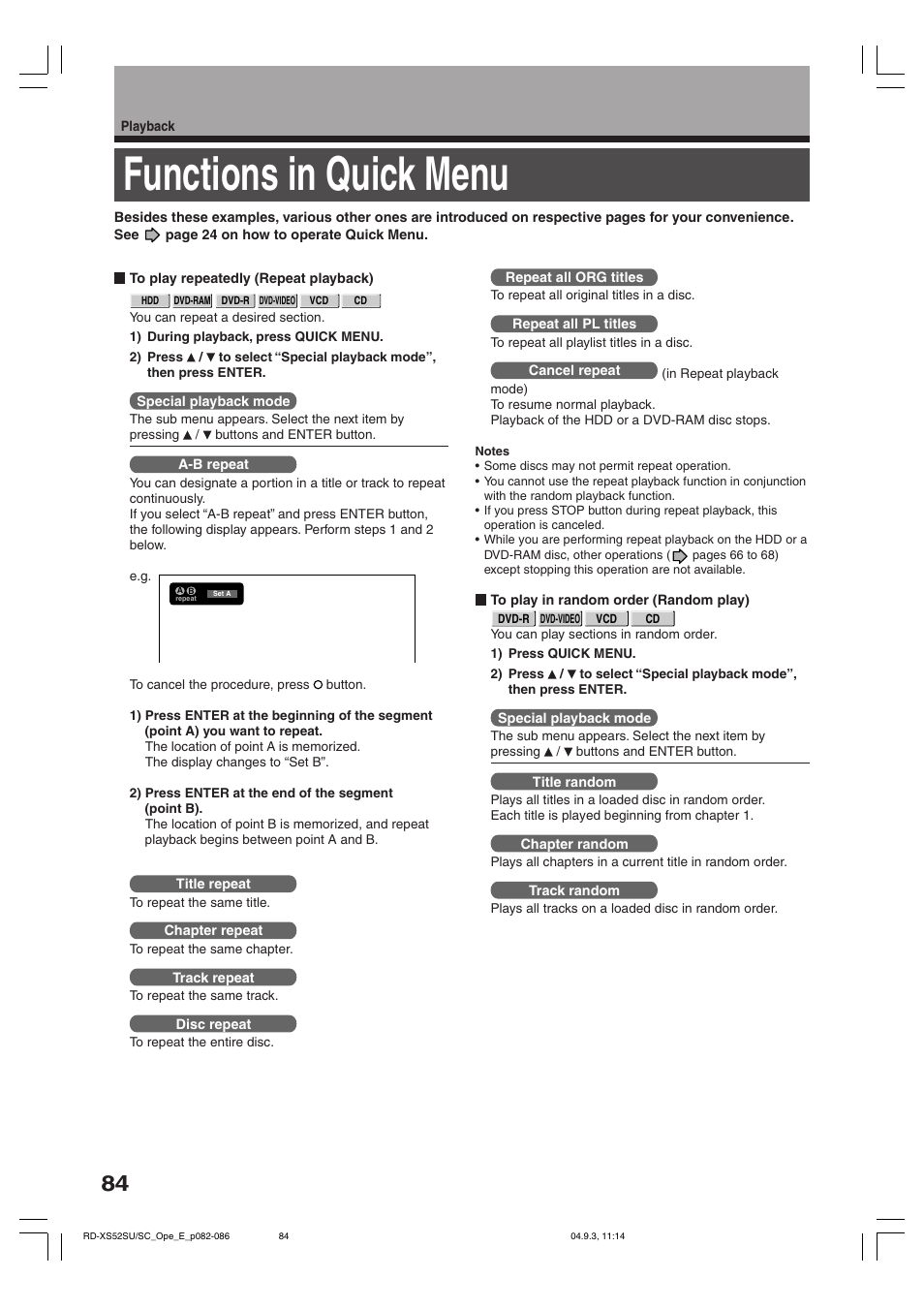 Functions in quick menu | Toshiba RD-XS52SC User Manual | Page 84 / 179
