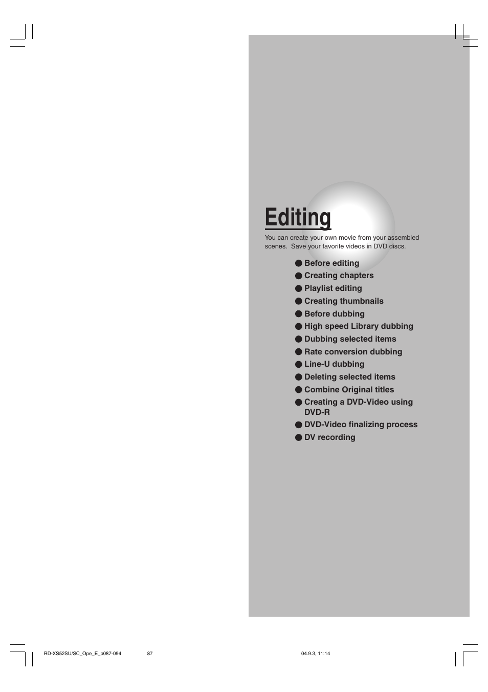 Editing | Toshiba RD-XS52SC User Manual | Page 87 / 179