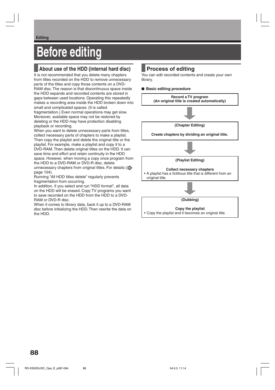 Before editing, About use of the hdd (internal hard disc), Process of editing | Toshiba RD-XS52SC User Manual | Page 88 / 179