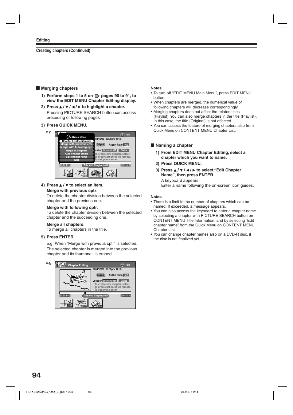 Merging chapters, Naming a chapter, Creating chapters (continued) editing | Toshiba RD-XS52SC User Manual | Page 94 / 179