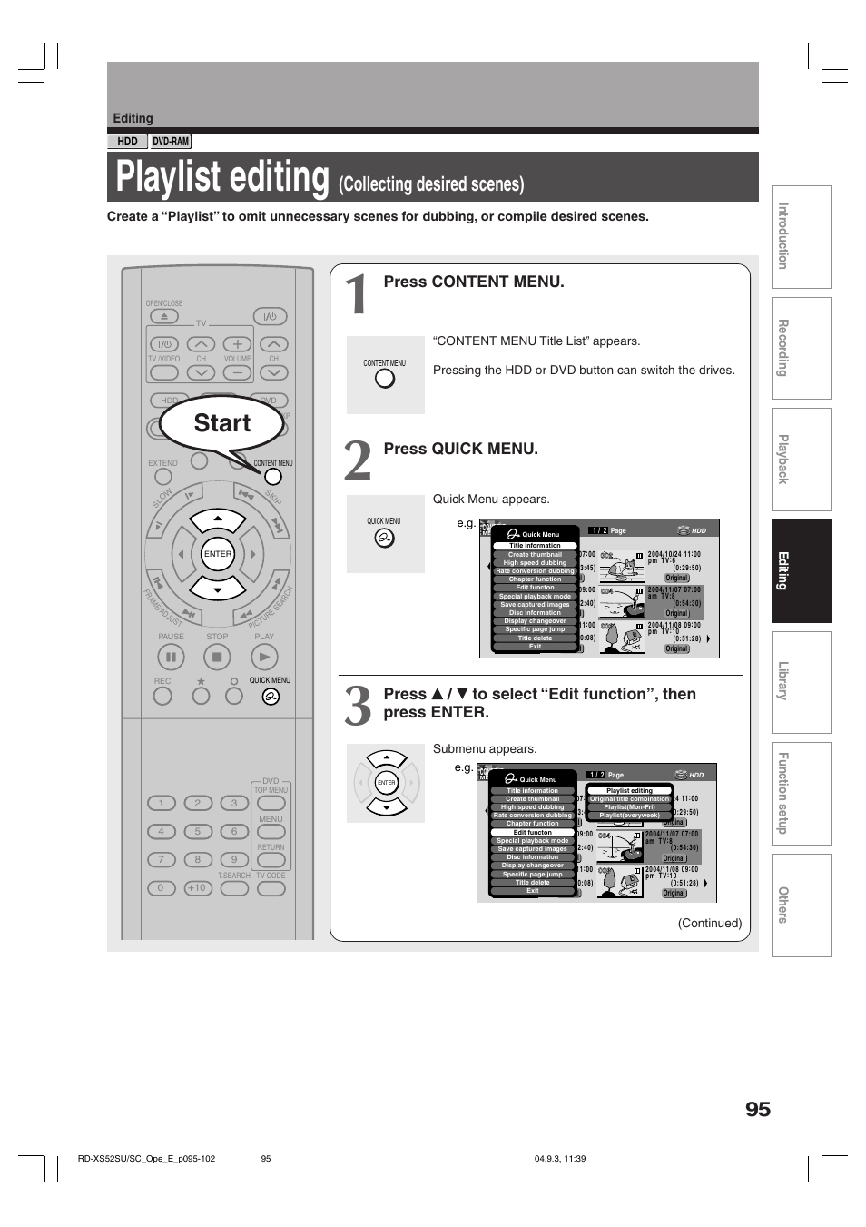 Playlist editing, Start, Collecting desired scenes) | Press content menu, Press quick menu | Toshiba RD-XS52SC User Manual | Page 95 / 179