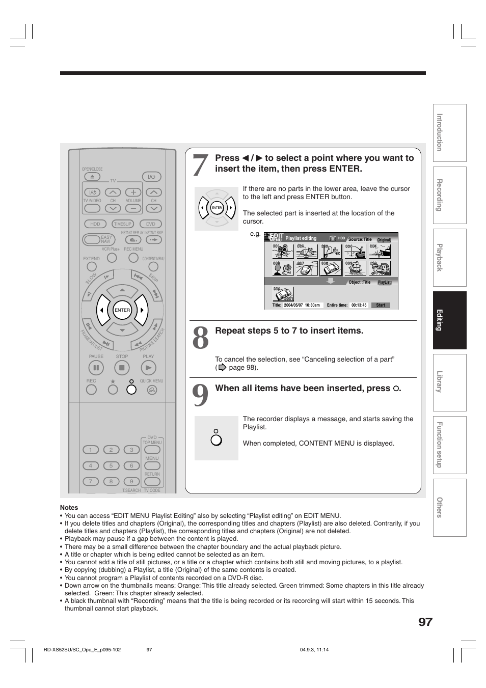 Repeat steps 5 to 7 to insert items, When all items have been inserted, press | Toshiba RD-XS52SC User Manual | Page 97 / 179
