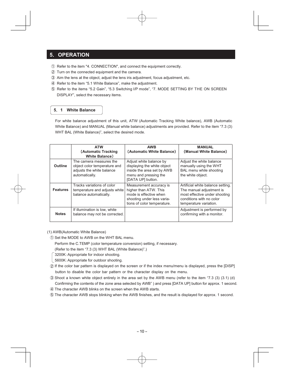 5 operation | Toshiba CMOS Color Camera IK-HR1D User Manual | Page 10 / 28