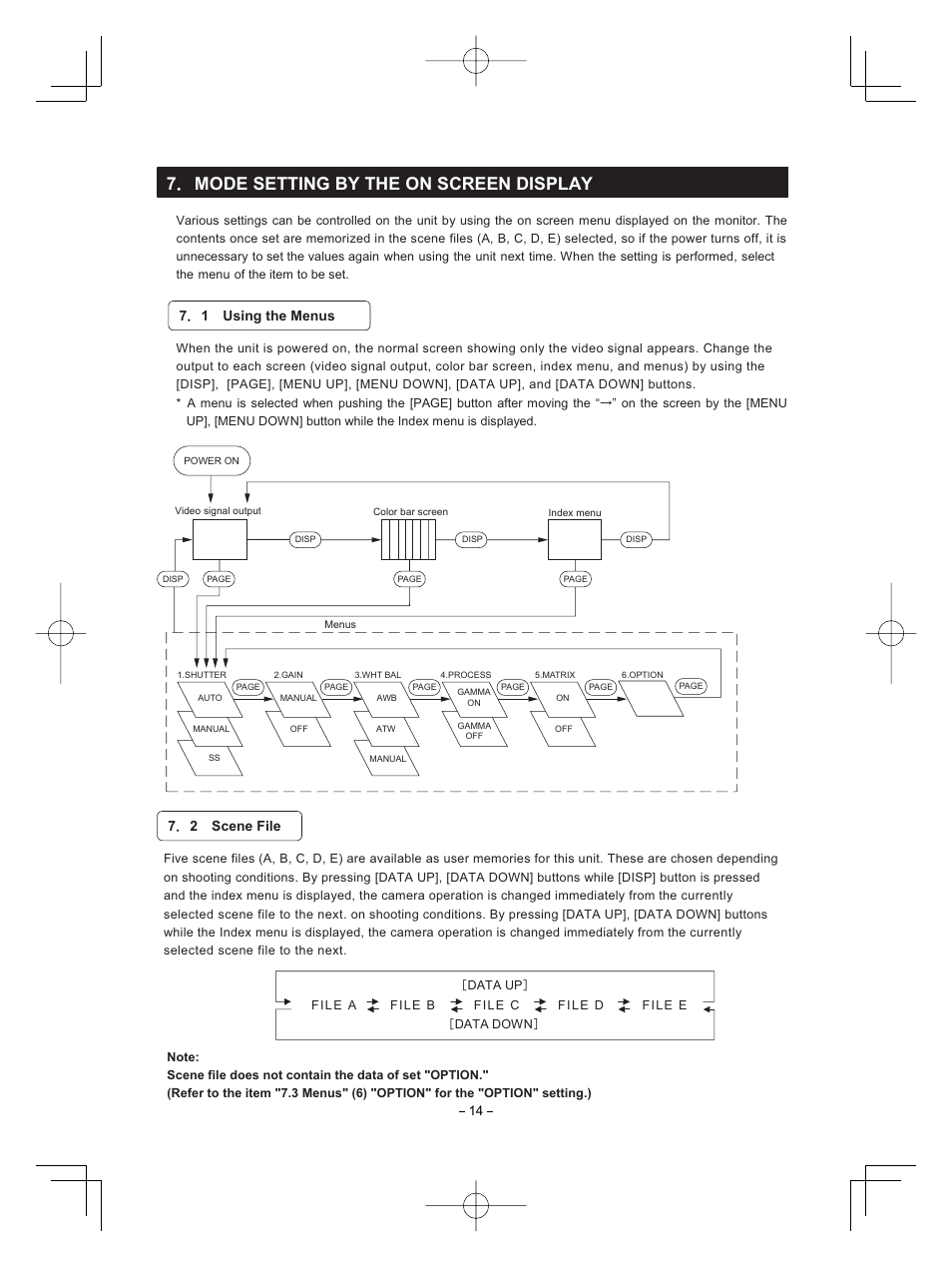7mode setting by the on screen display, 71 using the menus, 72 scene file | Toshiba CMOS Color Camera IK-HR1D User Manual | Page 14 / 28