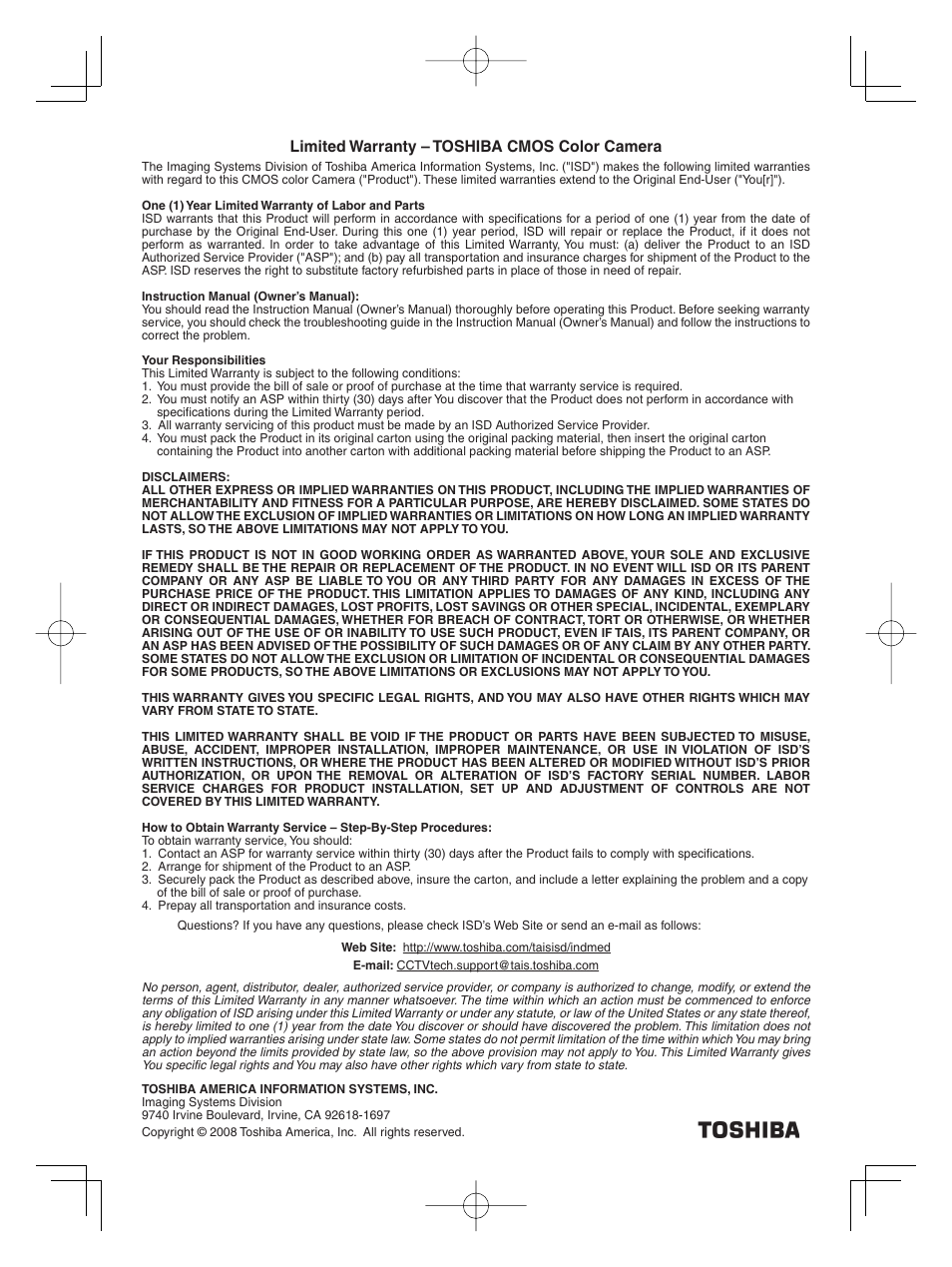 Limited warranty – toshiba cmos color camera | Toshiba CMOS Color Camera IK-HR1D User Manual | Page 28 / 28