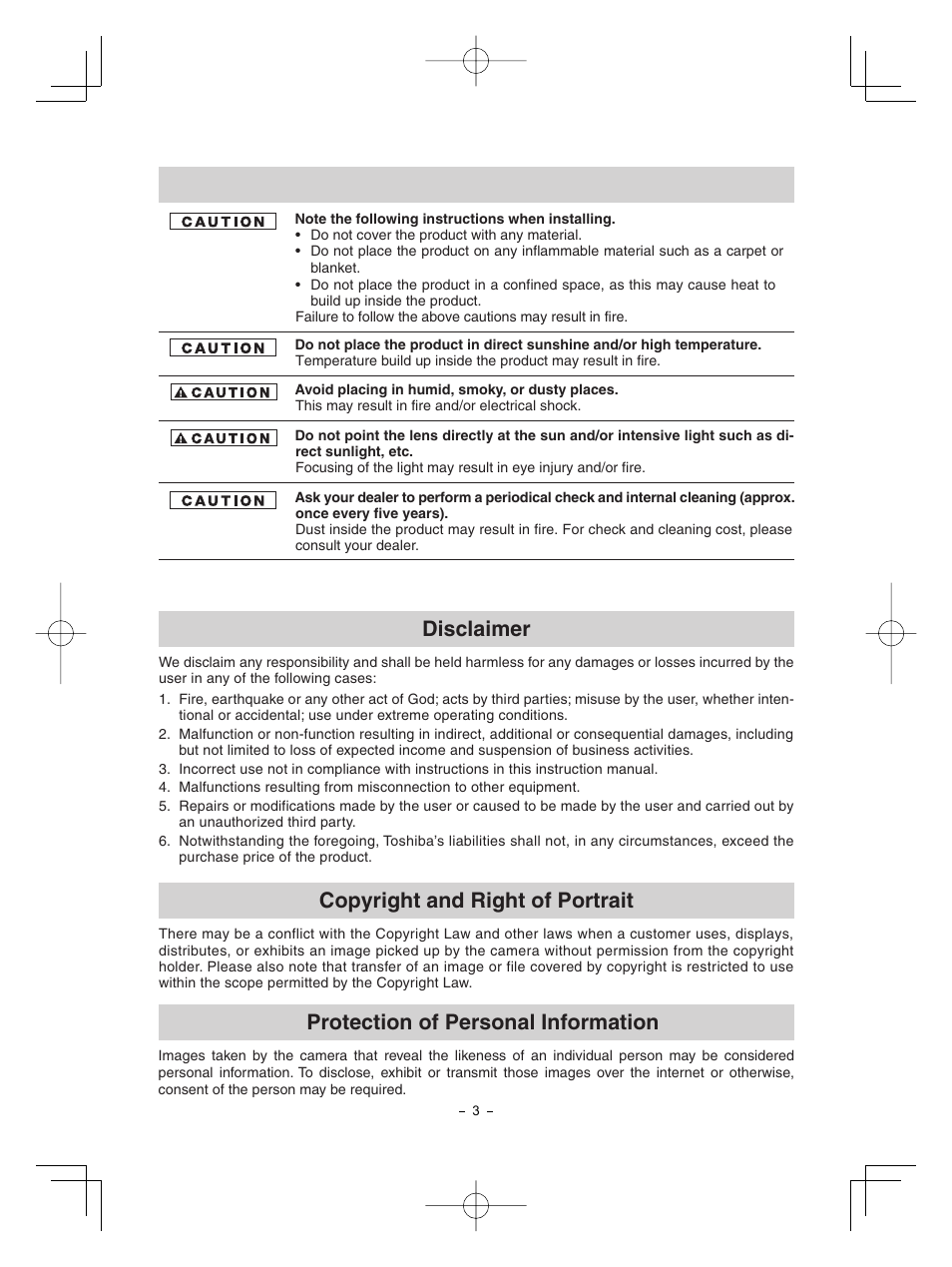 Disclaimer, Copyright and right of portrait, Protection of personal information | Toshiba CMOS Color Camera IK-HR1D User Manual | Page 3 / 28