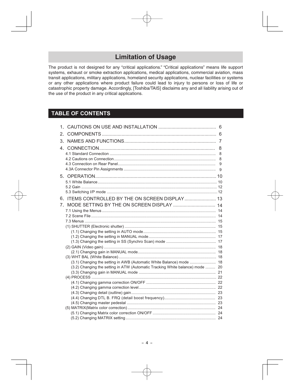 Toshiba CMOS Color Camera IK-HR1D User Manual | Page 4 / 28