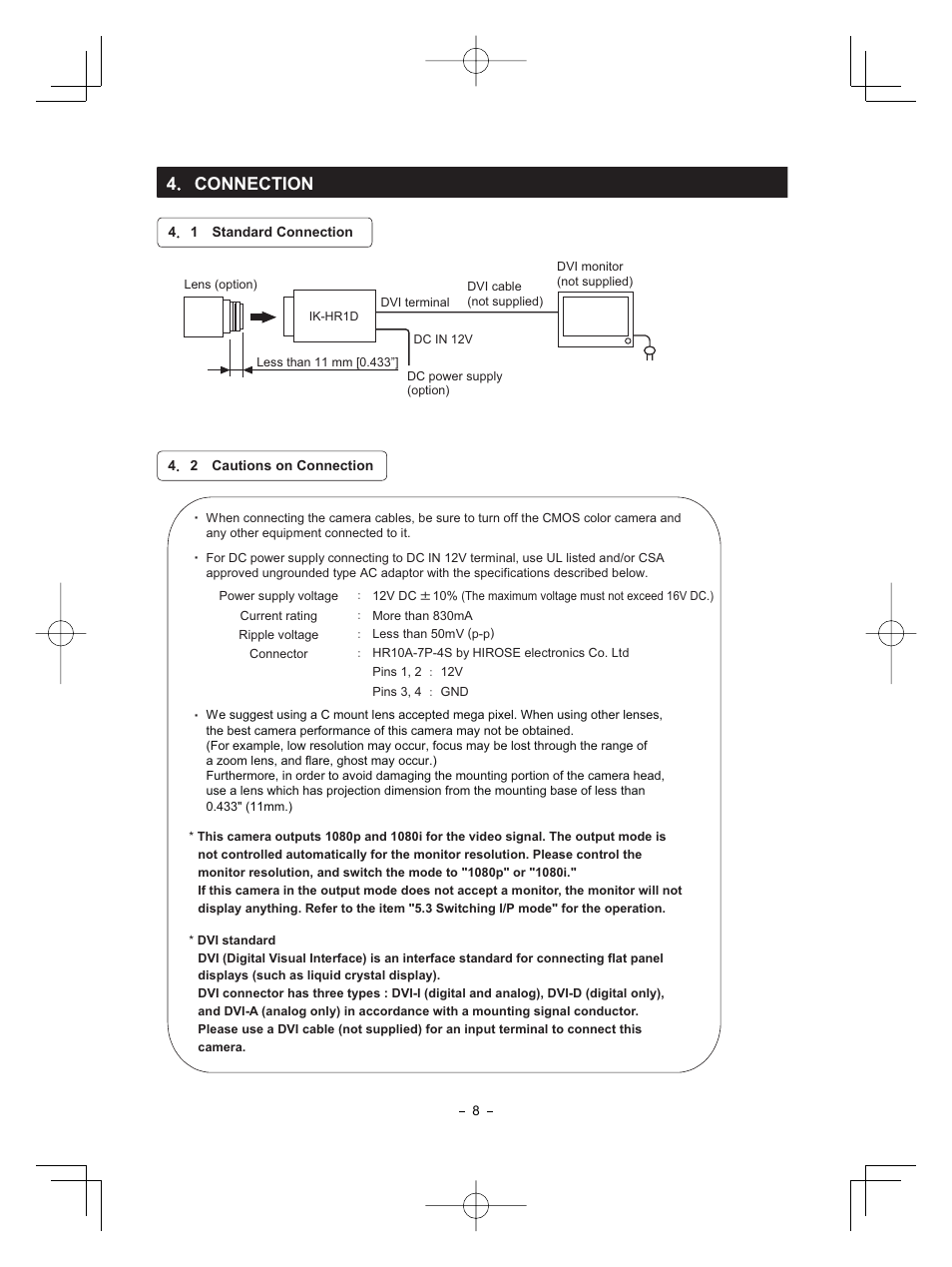 4 connection | Toshiba CMOS Color Camera IK-HR1D User Manual | Page 8 / 28