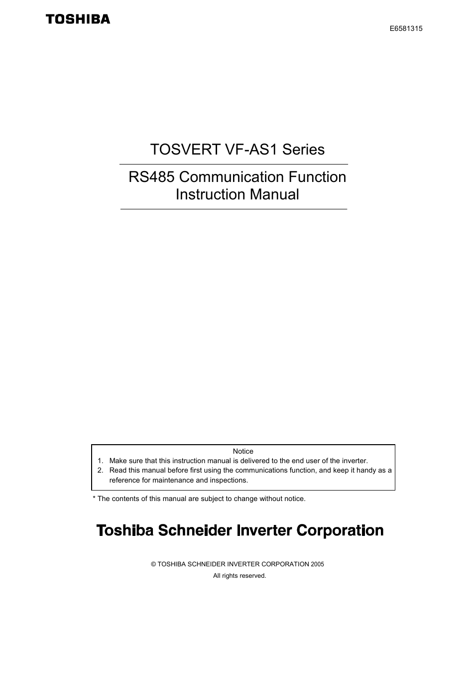 Toshiba Tosvert RS485 User Manual | 73 pages