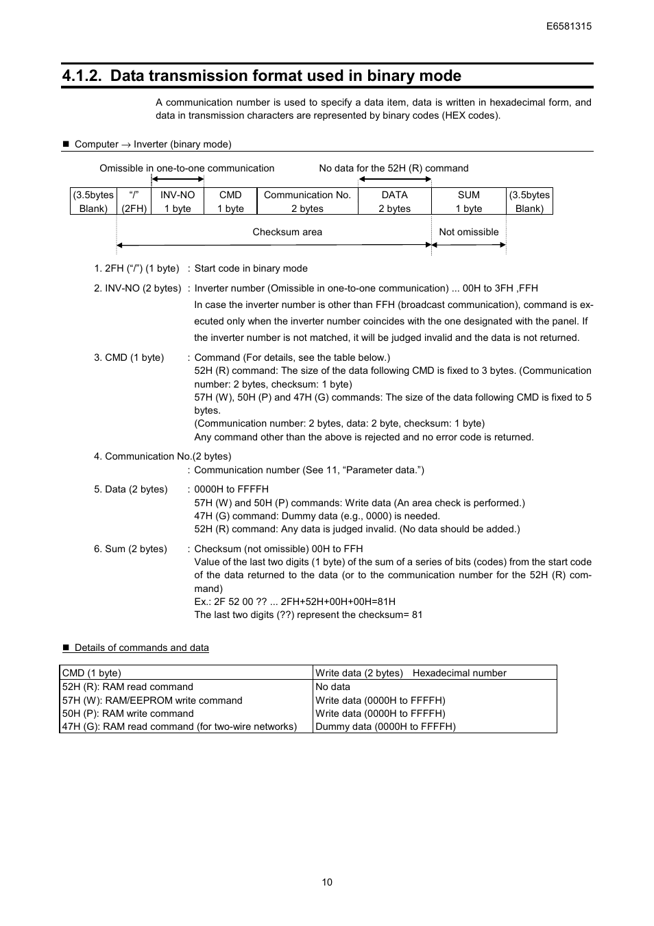 Data transmission format used in binary mode | Toshiba Tosvert RS485 User Manual | Page 11 / 73