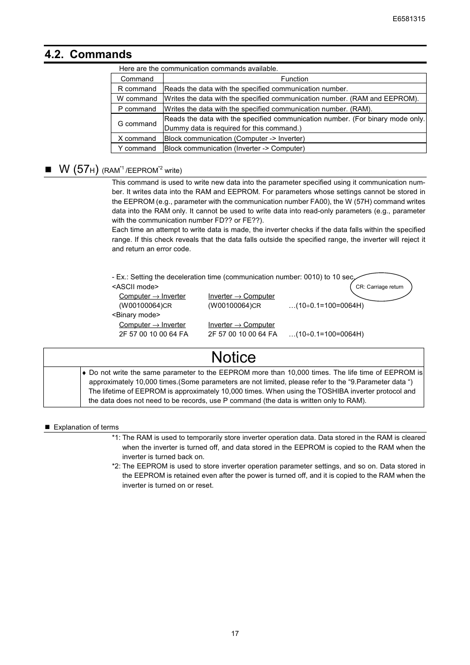 Notice, Commands, W (57 | Toshiba Tosvert RS485 User Manual | Page 18 / 73