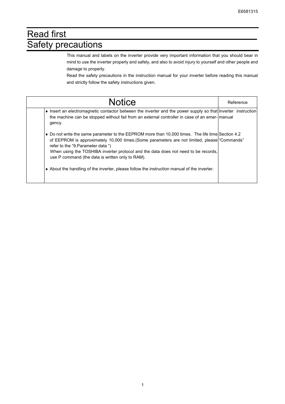 Notice, Read first safety precautions | Toshiba Tosvert RS485 User Manual | Page 2 / 73