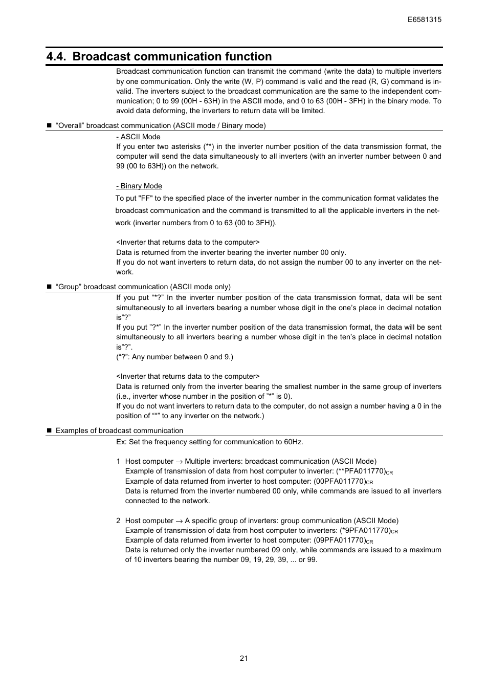 Broadcast communication function | Toshiba Tosvert RS485 User Manual | Page 22 / 73