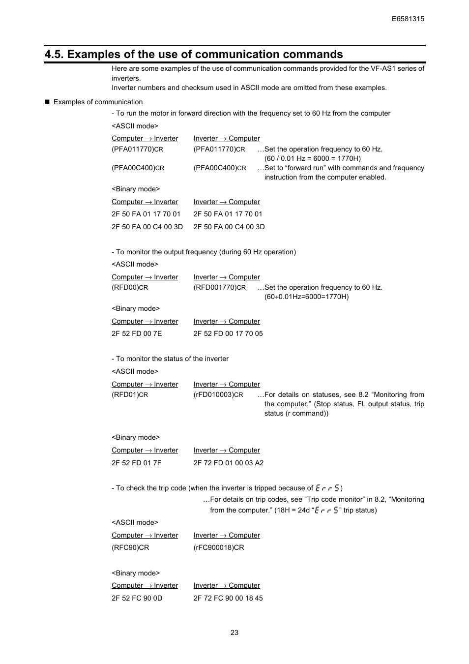 Examples of the use of communication commands | Toshiba Tosvert RS485 User Manual | Page 24 / 73