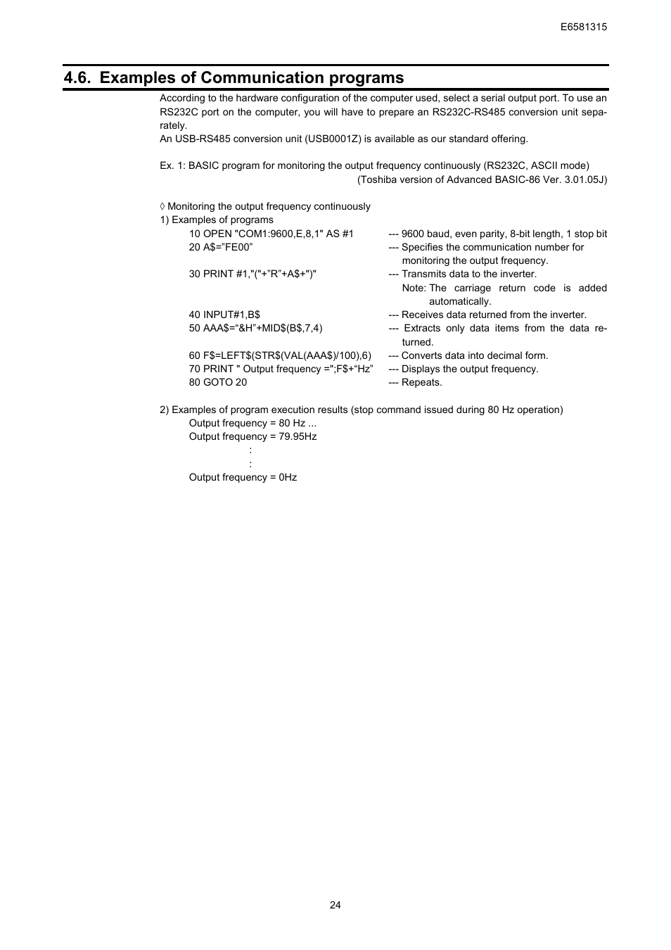 Examples of communication programs | Toshiba Tosvert RS485 User Manual | Page 25 / 73