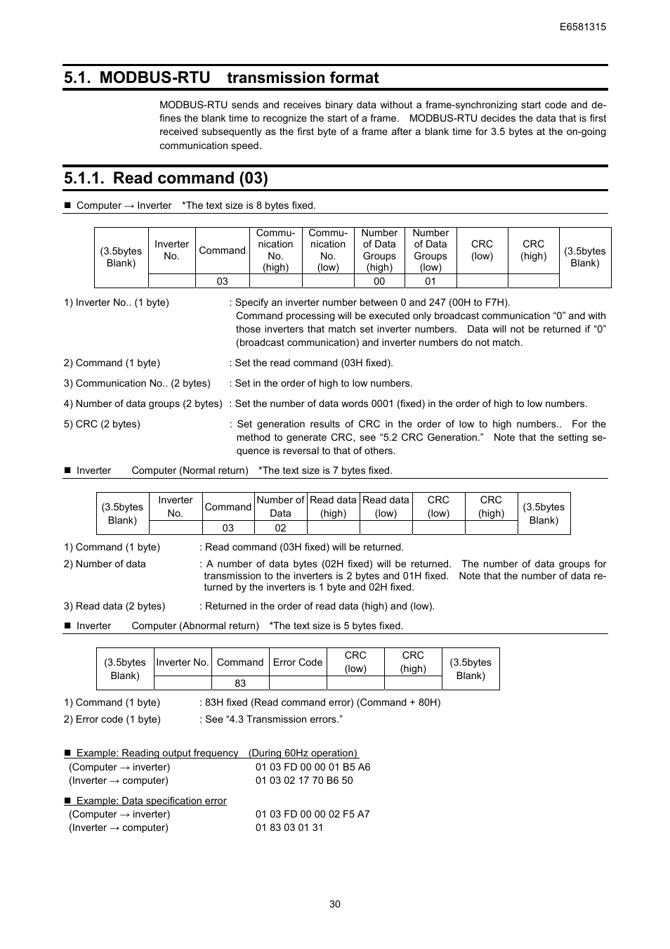 Modbus-rtu, Read command (03), Transmission format | Toshiba Tosvert RS485 User Manual | Page 31 / 73