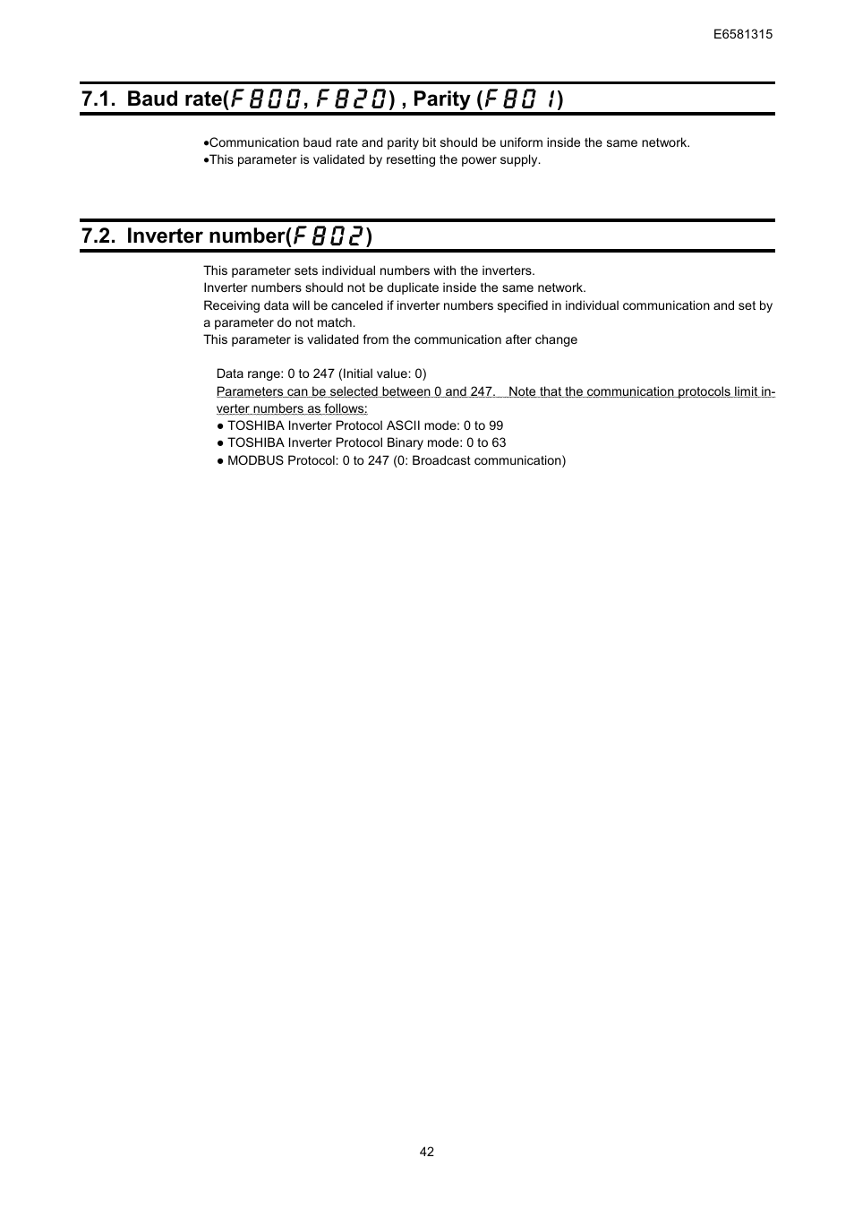 Baud rate(  ,  ) , parity (  ), Inverter number(  ) | Toshiba Tosvert RS485 User Manual | Page 43 / 73