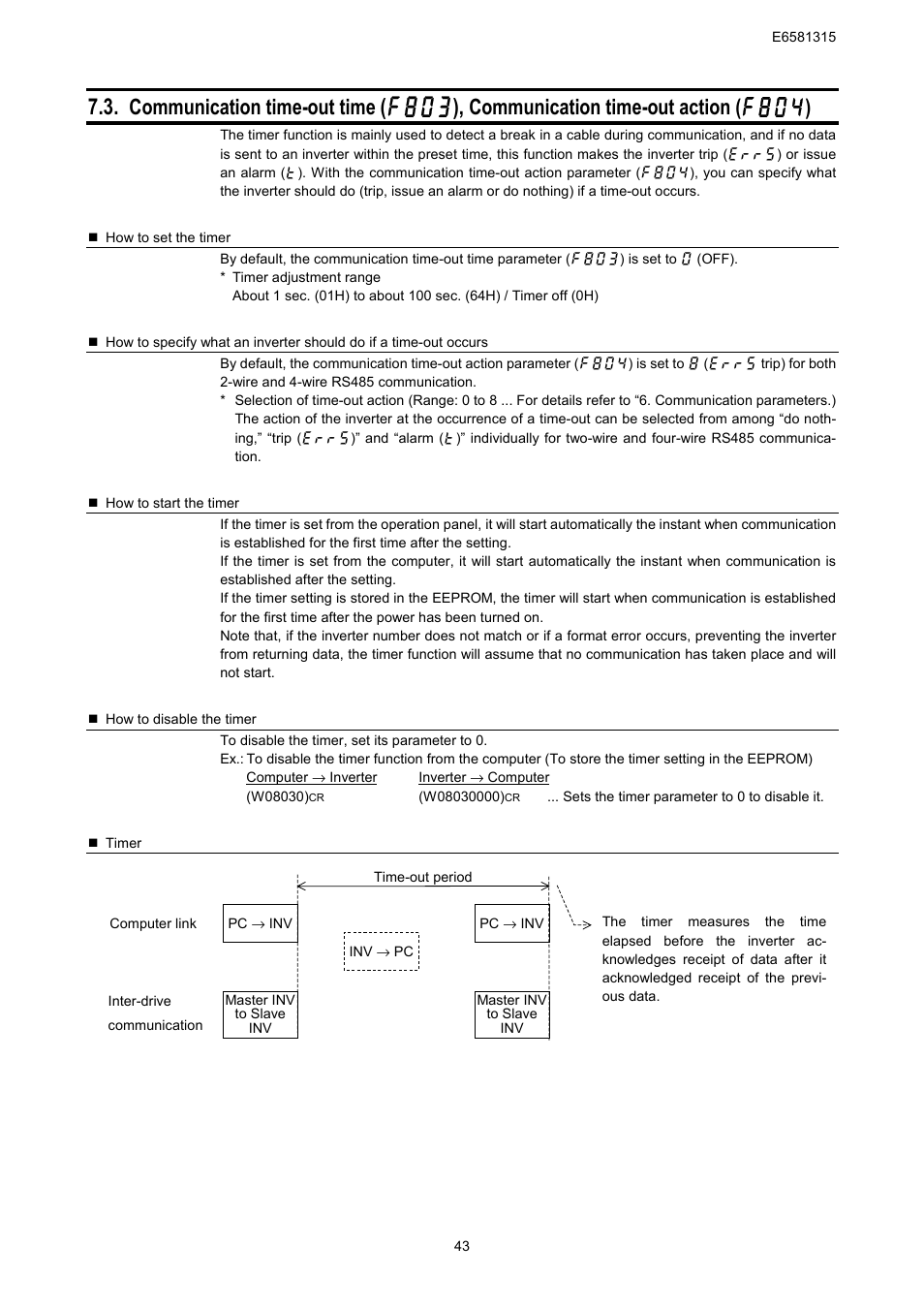 Communication time-out time, Communication time-out action ( f804 ) | Toshiba Tosvert RS485 User Manual | Page 44 / 73