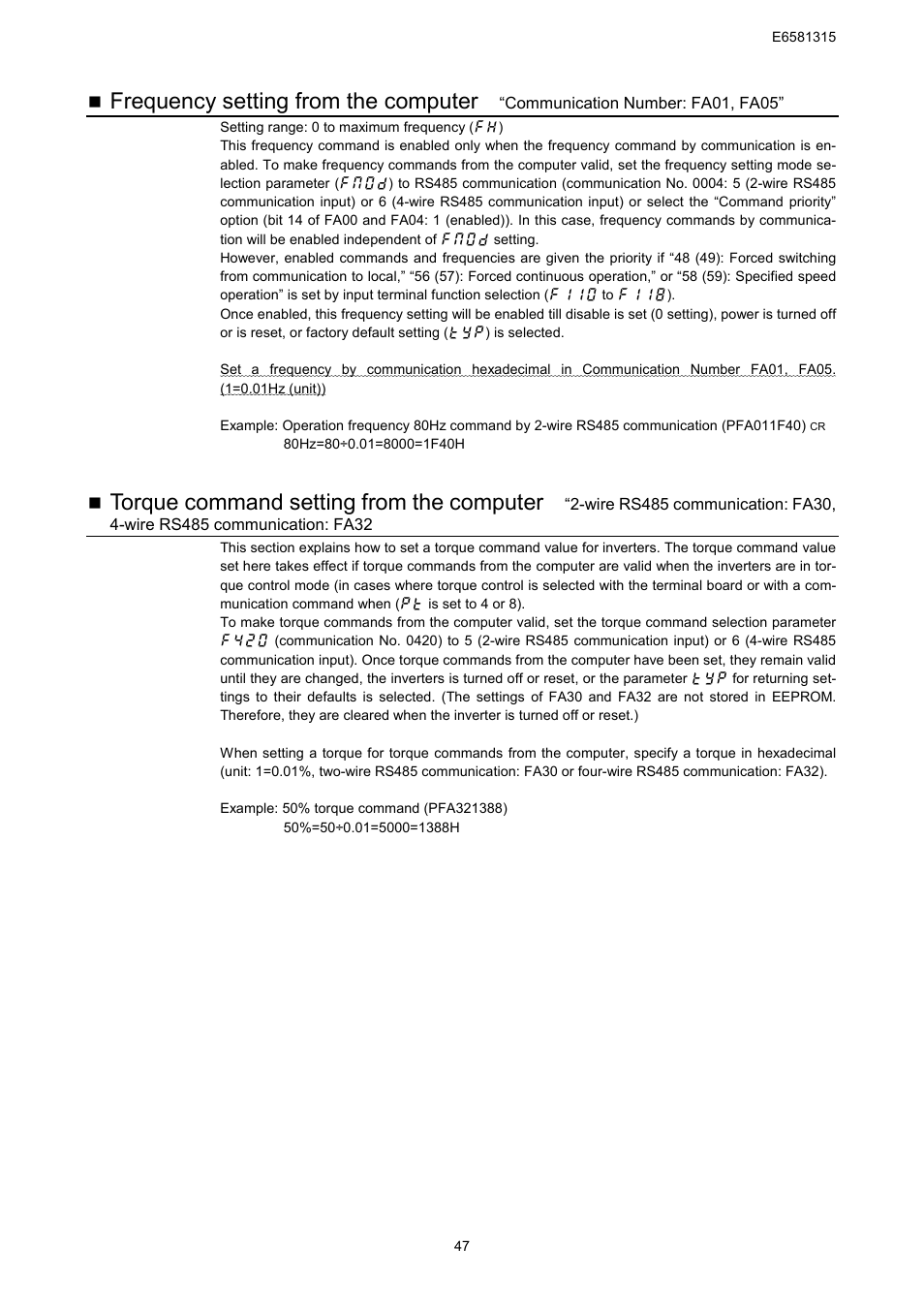 Frequency setting from the computer, Torque command setting from the computer | Toshiba Tosvert RS485 User Manual | Page 48 / 73