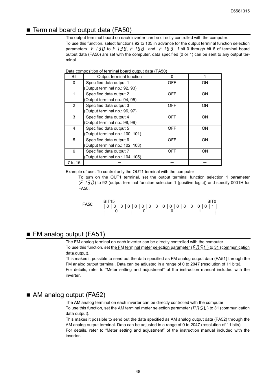Terminal board output data (fa50), Fm analog output (fa51), Am analog output (fa52) | Toshiba Tosvert RS485 User Manual | Page 49 / 73