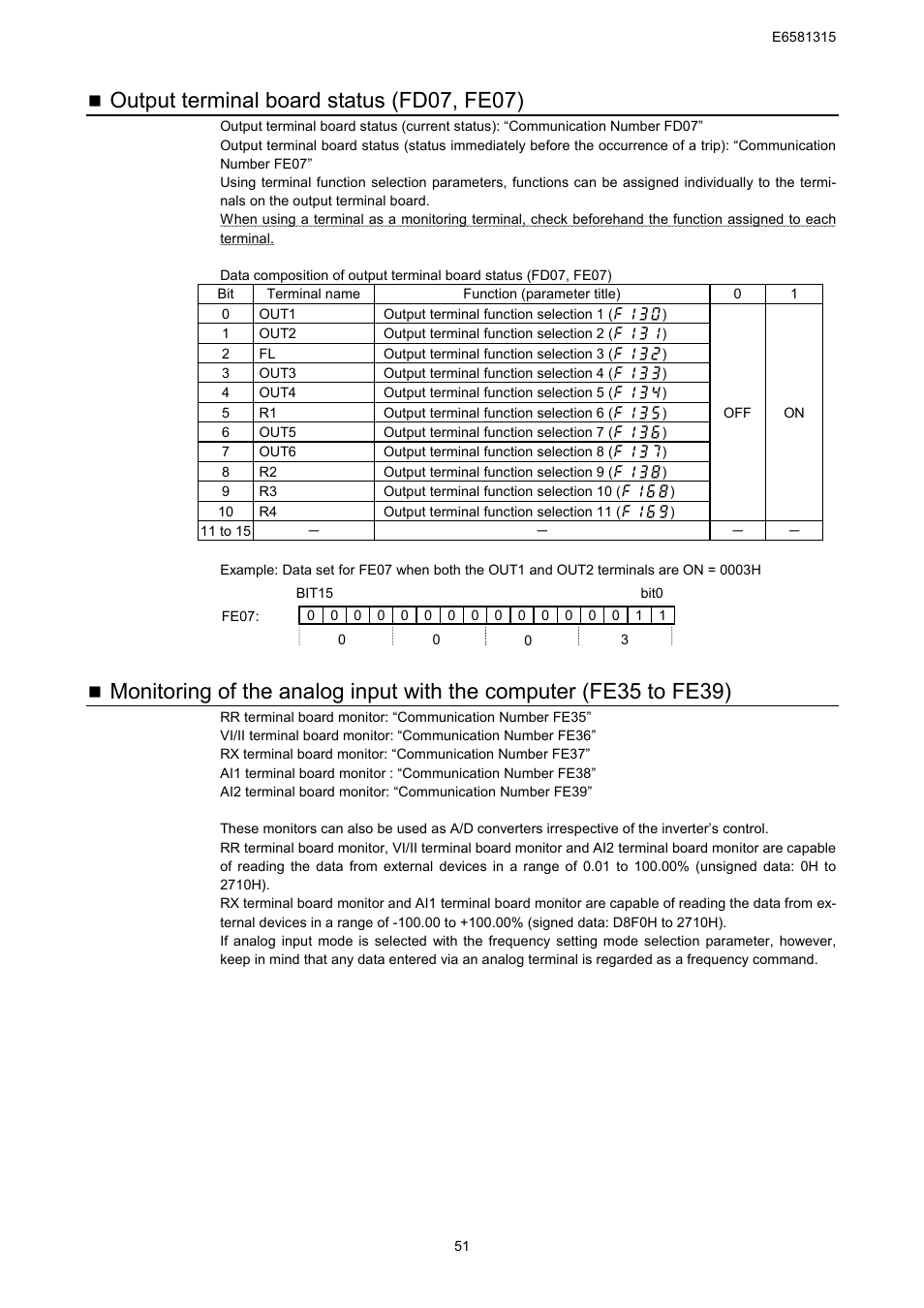 Output terminal board status (fd07, fe07) | Toshiba Tosvert RS485 User Manual | Page 52 / 73