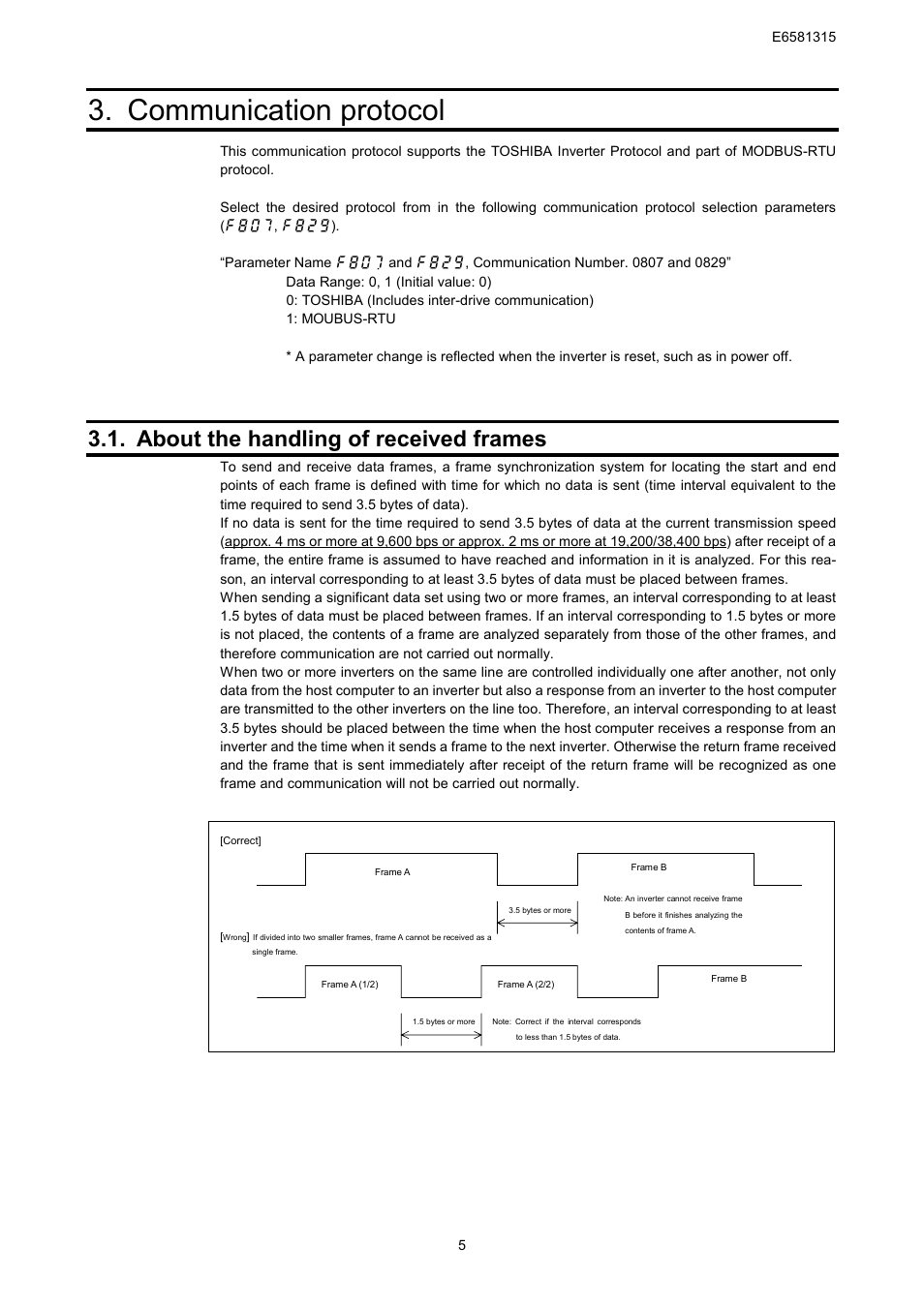 Communication protocol, About the handling of received frames | Toshiba Tosvert RS485 User Manual | Page 6 / 73