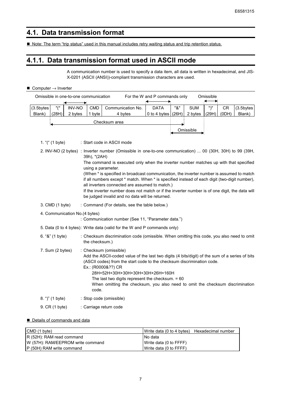 Data transmission format, Data transmission format used in ascii mode | Toshiba Tosvert RS485 User Manual | Page 8 / 73