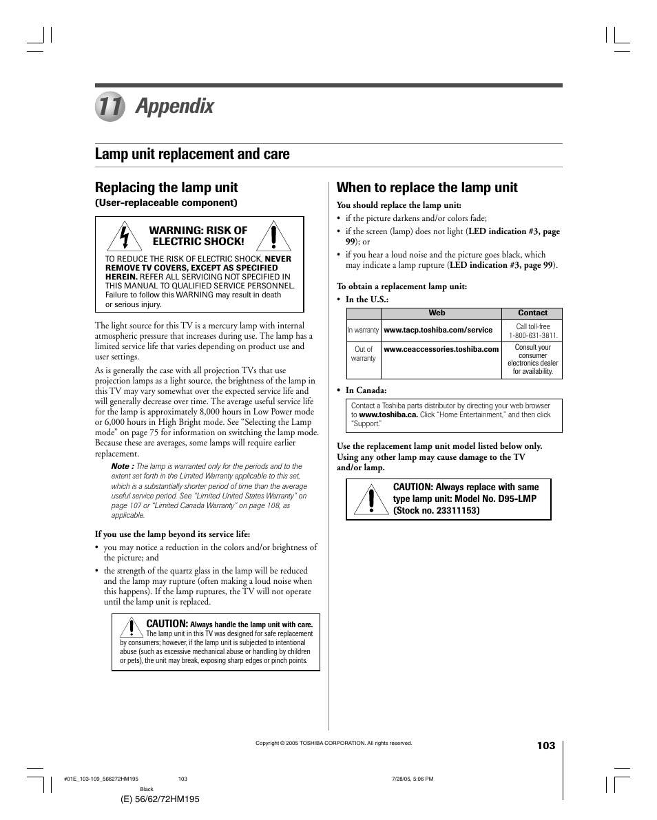 Appendix, Lamp unit replacement and care, Replacing the lamp unit | When to replace the lamp unit | Toshiba 56HM195 User Manual | Page 103 / 112