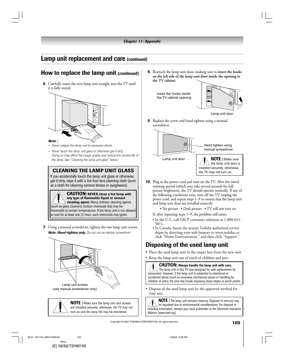 Lamp unit replacement and care, Disposing of the used lamp unit, How to replace the lamp unit | Cleaning the lamp unit glass | Toshiba 56HM195 User Manual | Page 105 / 112