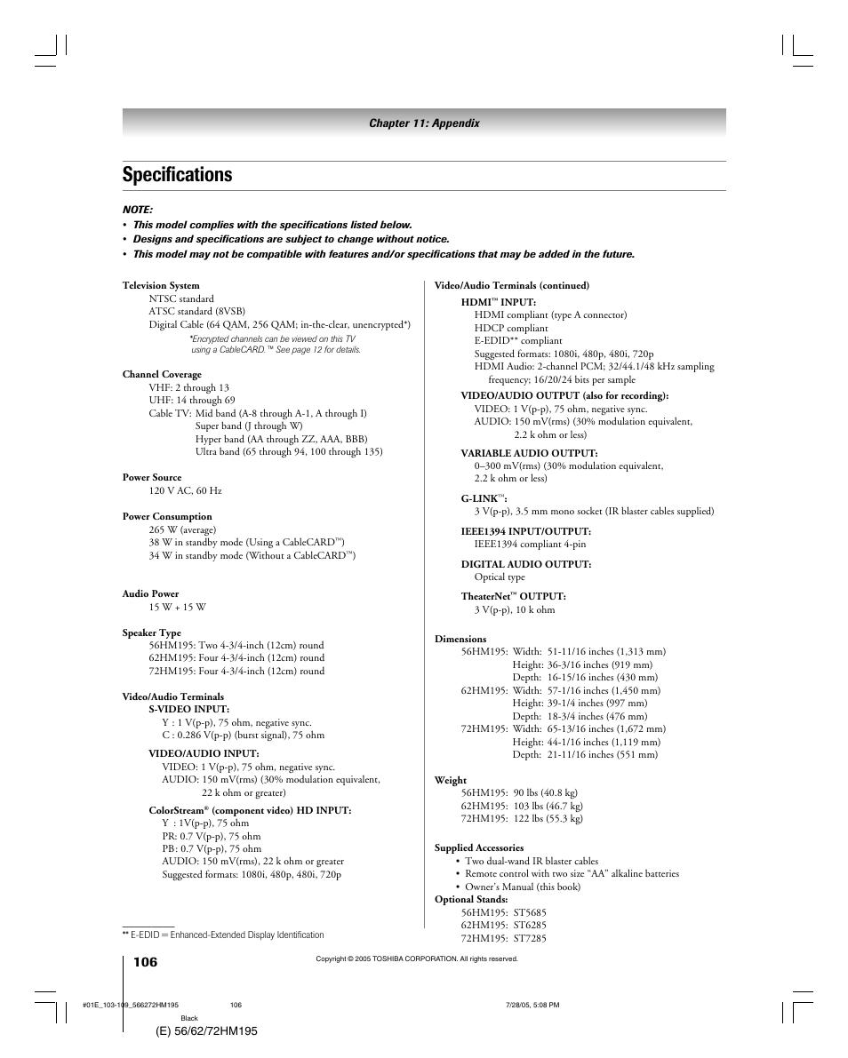 Specifications | Toshiba 56HM195 User Manual | Page 106 / 112