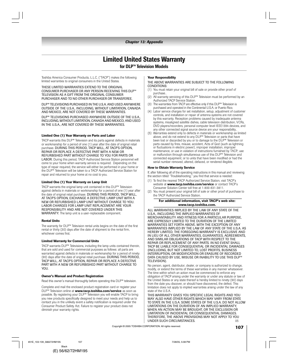 Limited united states warranty, For dlp™ television models | Toshiba 56HM195 User Manual | Page 107 / 112