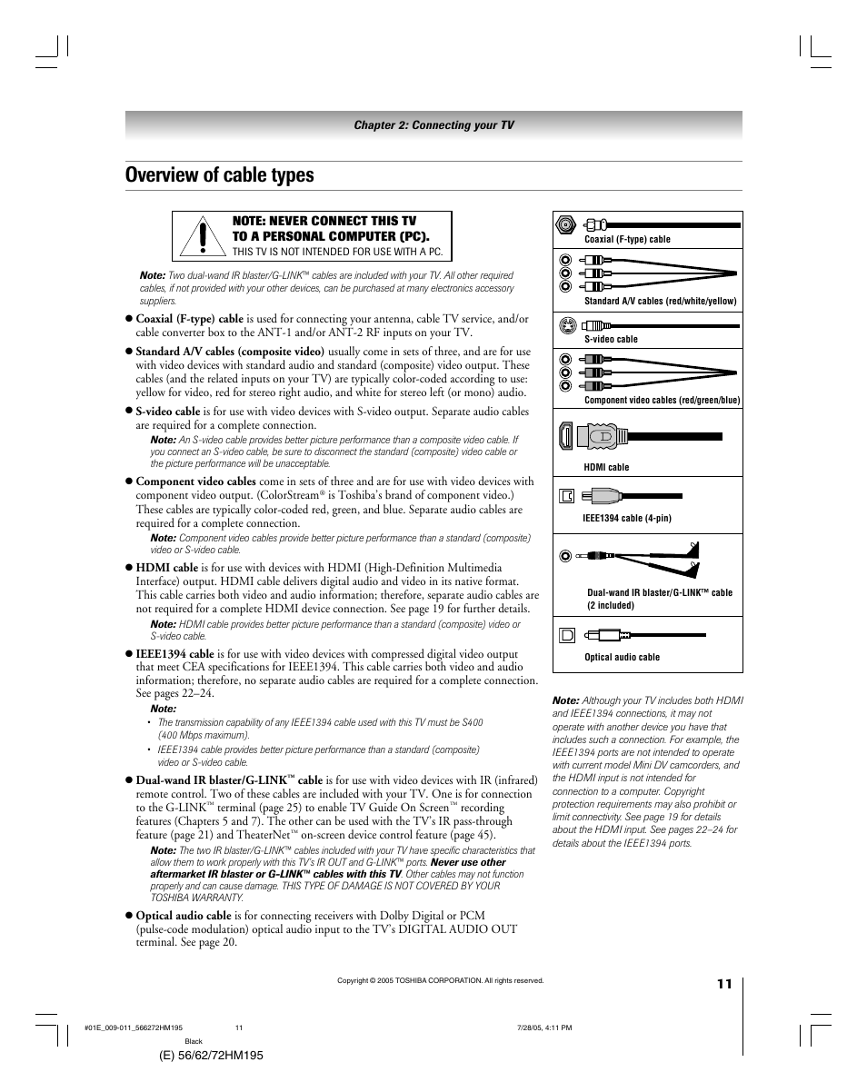 Overview of cable types | Toshiba 56HM195 User Manual | Page 11 / 112