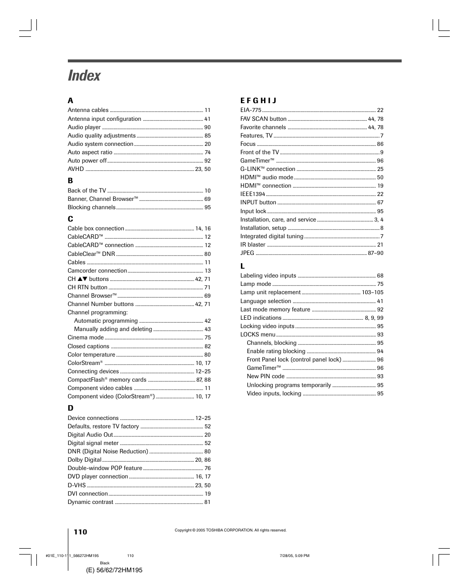 Index | Toshiba 56HM195 User Manual | Page 110 / 112