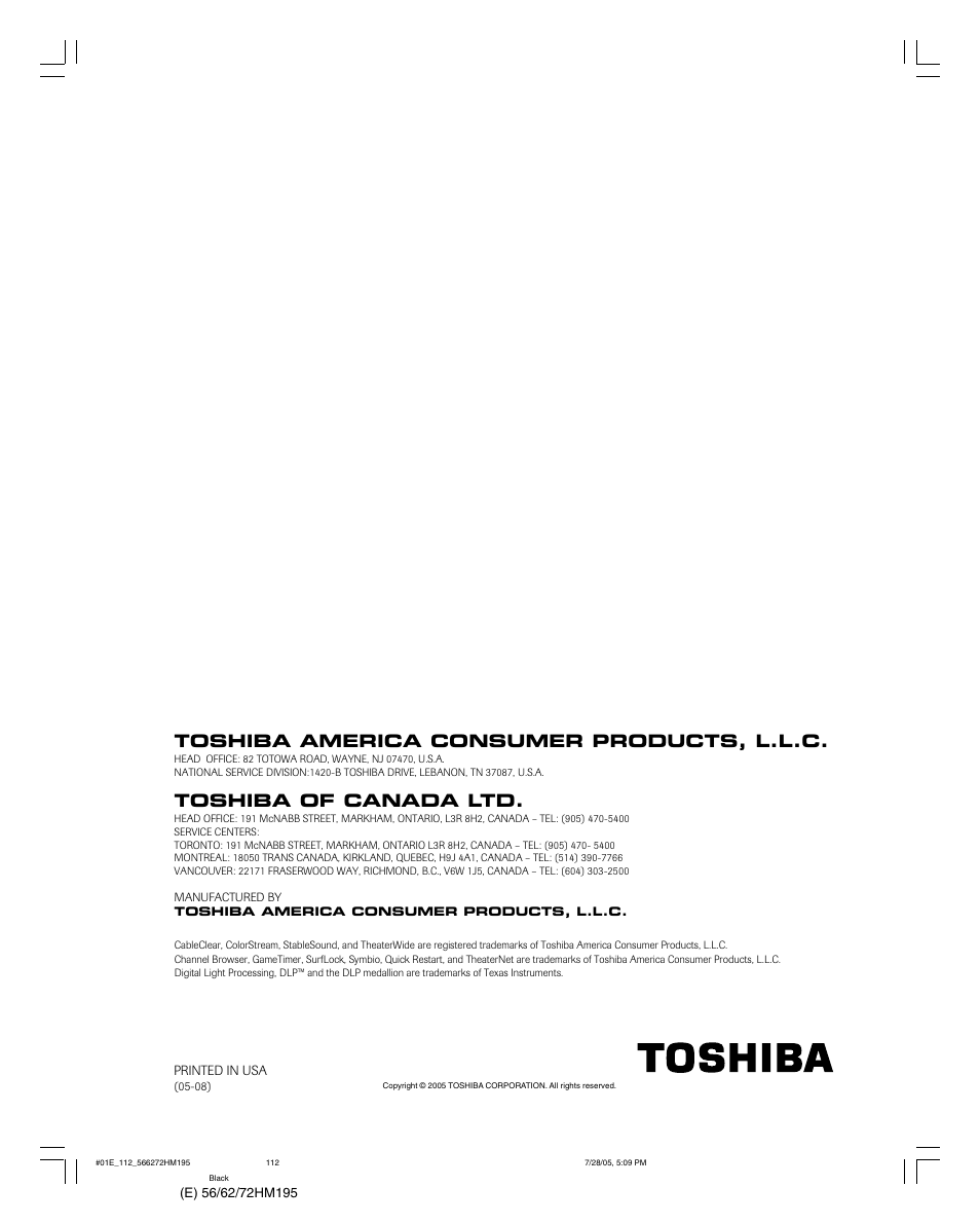 Toshiba america consumer products, l.l.c, Toshiba of canada ltd | Toshiba 56HM195 User Manual | Page 112 / 112