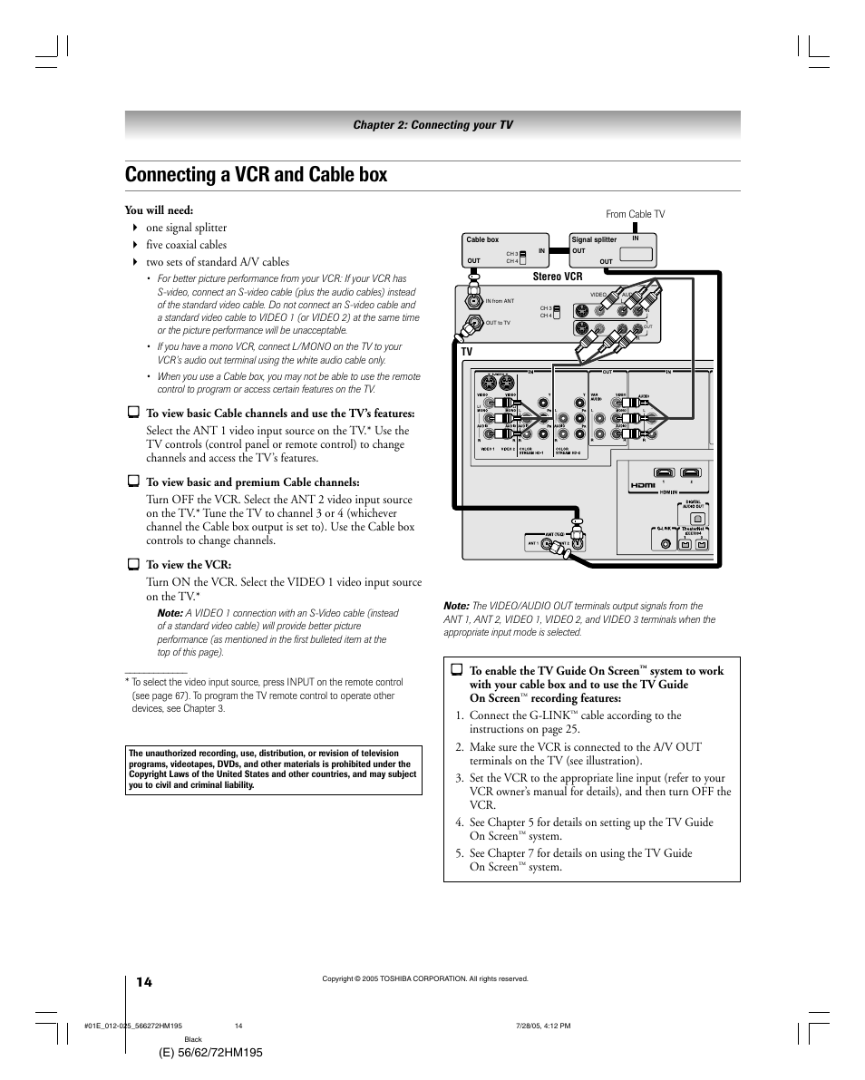 Connecting a vcr and cable box | Toshiba 56HM195 User Manual | Page 14 / 112