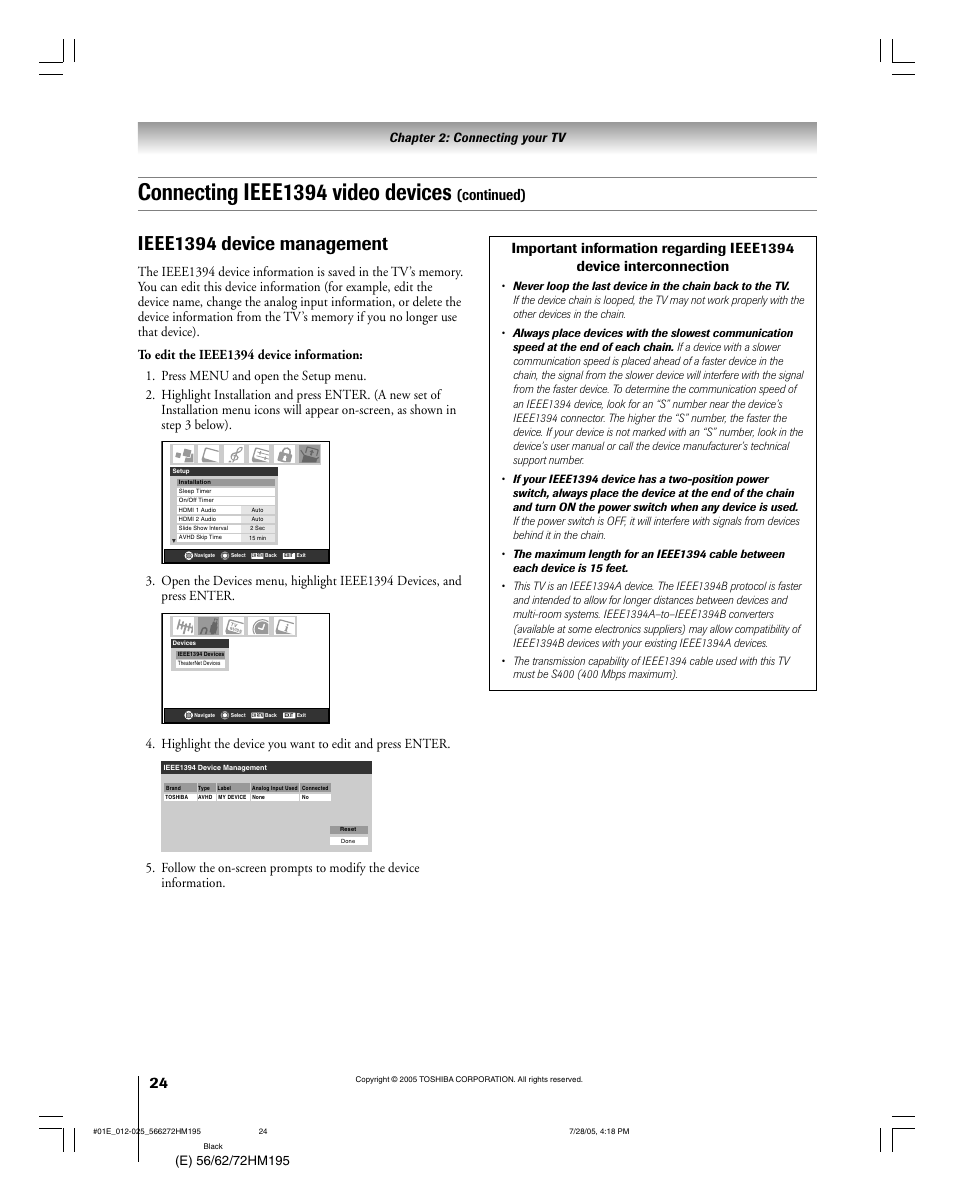 Connecting ieee1394 video devices, Ieee1394 device management, Continued) | Chapter 2: connecting your tv | Toshiba 56HM195 User Manual | Page 24 / 112