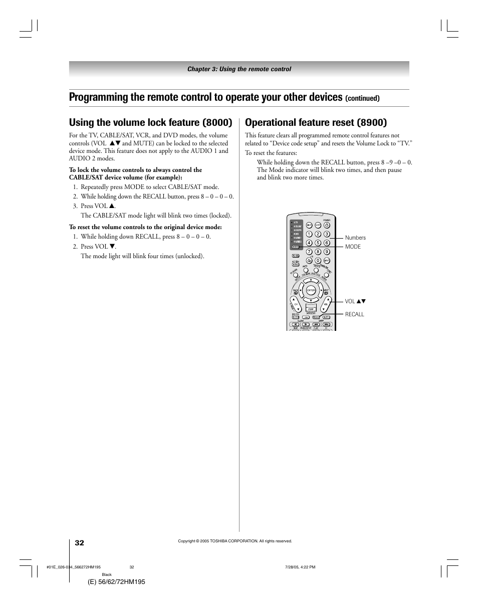 Operational feature reset (8900), Using the volume lock feature (8000) | Toshiba 56HM195 User Manual | Page 32 / 112