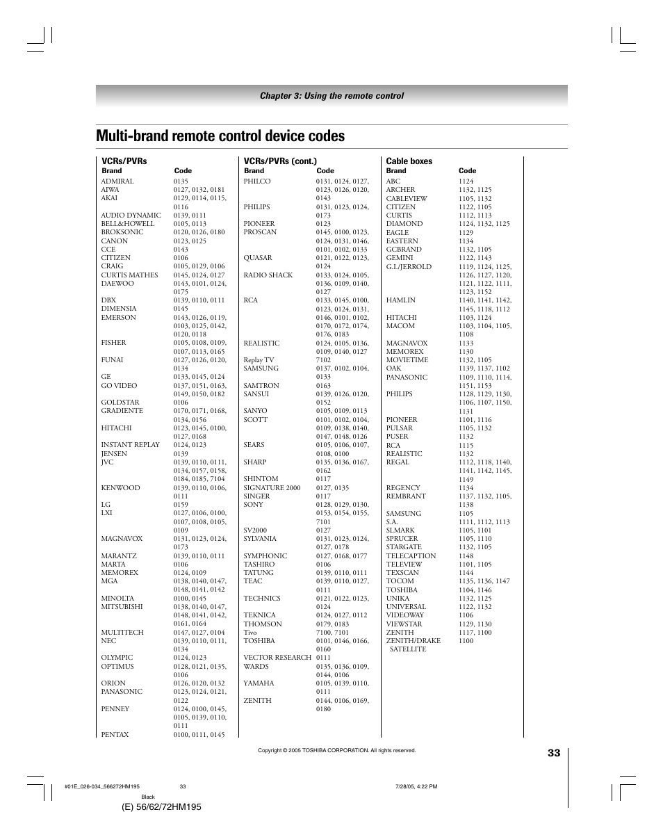 Multi-brand remote control device codes | Toshiba 56HM195 User Manual | Page 33 / 112