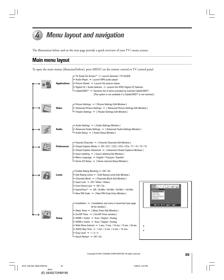 Menu layout and navigation, Main menu layout | Toshiba 56HM195 User Manual | Page 35 / 112