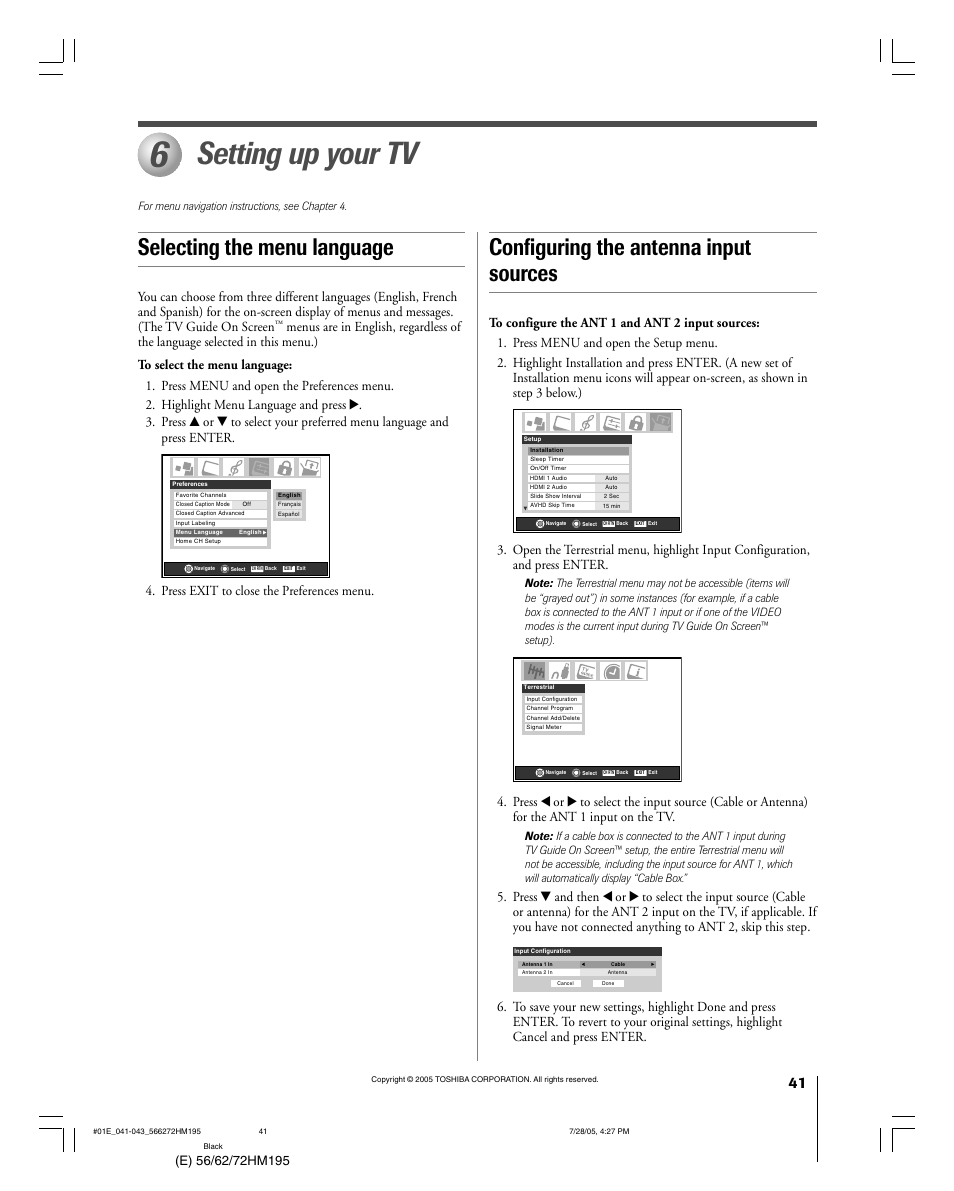 Setting up your tv, Selecting the menu language, Configuring the antenna input sources | Press exit to close the preferences menu | Toshiba 56HM195 User Manual | Page 41 / 112